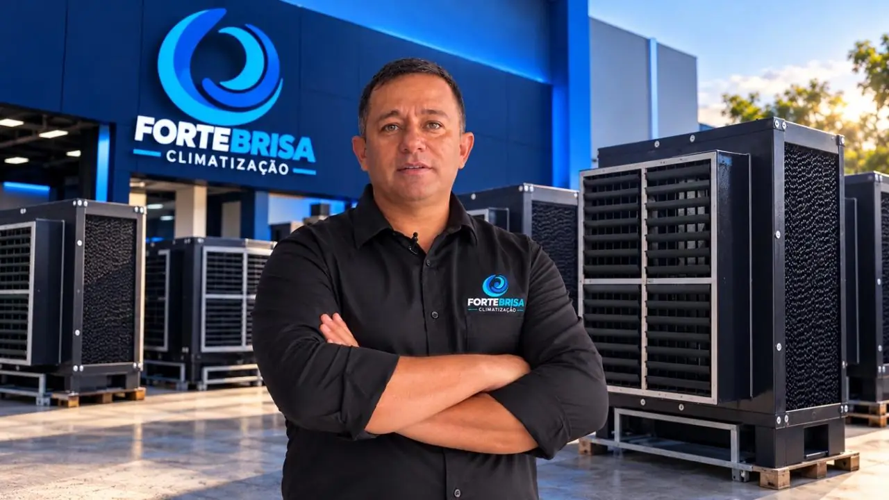 Alexandre, proprietário da Forte Brisa Climatização, em frente a climatizadores industriais